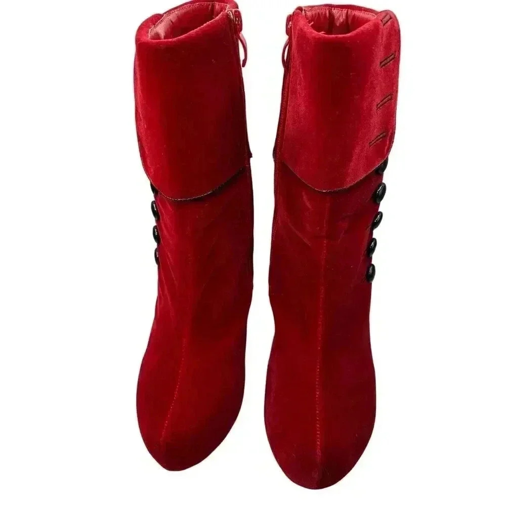 Red Velvet Victorian Inspired Platform Booties Button Accent Stiletto Heel - Picture 7 of 16